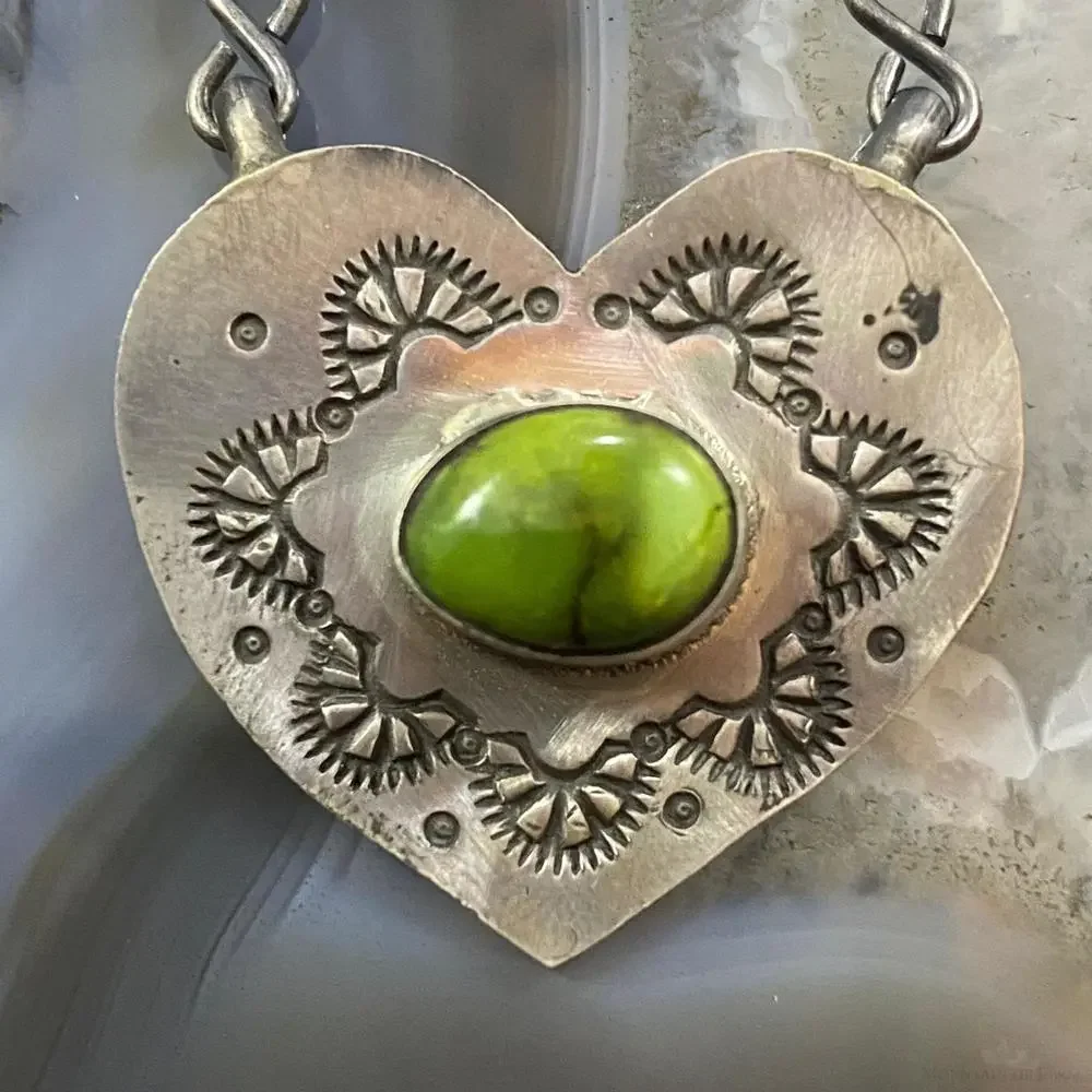 Marie Tsosie Sterling Silver Oval Sonora Gold Turquoise Stamped Heart Necklace - Picture 6 of 10